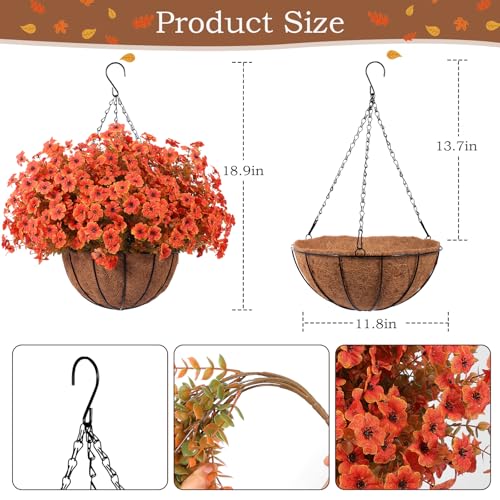 Hananona 24 Pcs Artficial Outdoor Flowers with Hanging Baskets, Orange Fall mums 2 Pack Hanging Planter with Outdoor Fall Flowers for Autumn Porch Garden and Home Patio Yard Decor (2, Orange) - color: Orange