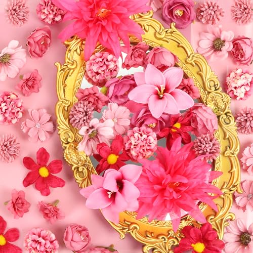 LACGO 48 PCS Artificial Flowers Heads Combo Rose Red Flowers Mix Silk Flowers Heads Pink Bulk for Craft Garland Graduation Cap Wedding Bridal Baby Shower Home Party Decoration DIY Cake Decor - color: Rose Red