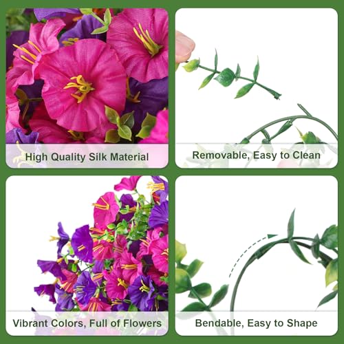 Artificial Hanging Flowers for Outdoors, 2PCS 300 Blooms UV Resistant Morning Glory Vine Fake Flowers with Eucalyptus, Realistic Silk Faux Hanging Plants Spring Summer Decor for Porch Garden(White) - color: White, size: 2PCS
