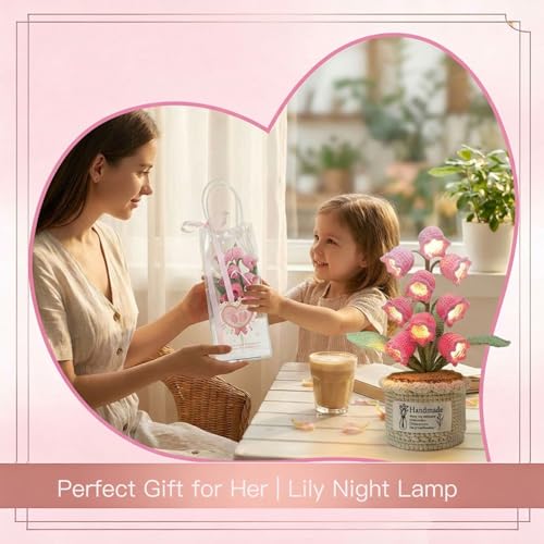 Handmade Crochet Lily of The Valley Lamp - 9 LED Night Light for Desk or Bedside, Artificial Flowers Decor, for Women Mom Valentine Birthday