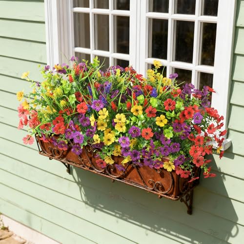 Hommyea Artificial Flowers for Outdoors, 14 Bundles Multicolor Silk Fake Flower for Spring Summer Decoration, UV Resistant No Fade Artificial Outdoor Plants for Home Planter Porch Patio Yard Decor - color: Mixd Color With Lavender Grass