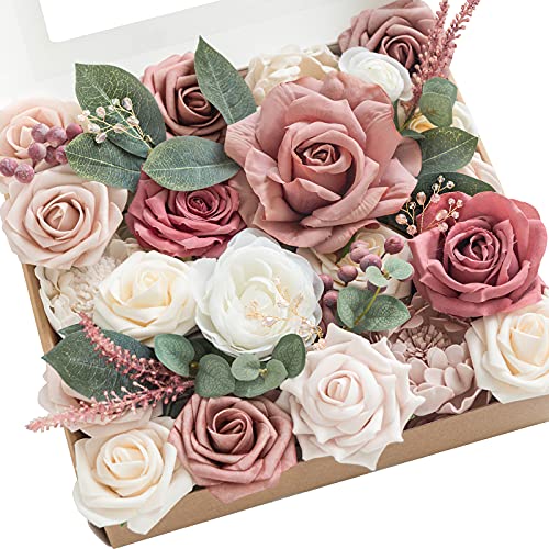 Ling's moment Fake Flowers Box, Faux Artificial Greenery Stems Foam Roses Berry Silk Peonies Eucalyptus Fabic Flower for Centerpieces Bouquet Wedding Floral Vase, Cinnamon Rose & Ivory, Grand Combo - color: Pk-cinnamon Rose & Ivory, size: Grand