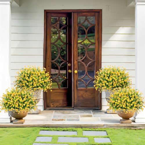 20 Bundles Artificial Flowers for Outdoors Fake Plastic Flowers UV Resistant Realistic Faux Plants Shrubs for Spring Summer Garden Porch Yard Patio Planter Window Box Home Decor, Yellow - color: Yellow