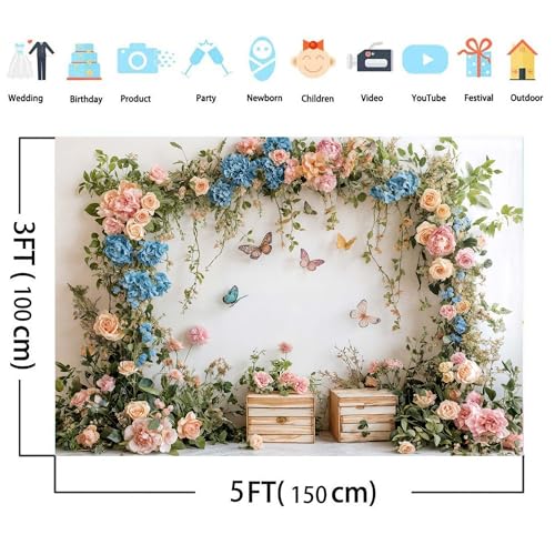 5x3ft Flower Butterfly Birthday Backdrop Spring Colorful Scenic Floral Flowers Wall Photography Backdrops Butterfly Fairy Tale Wedding Decoration Kids Birthday Party Background Photoshot - color: White, size: 5X3FT