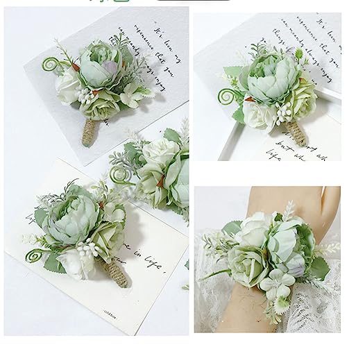 MAFELOE 2 Pieces Artificial Wrist Corsage and Boutonniere Set, Groom Groomsmen Bride Bridesmaids Wedding Flowers Accessories Prom Party Suit Decorations - Light Green - color: Green