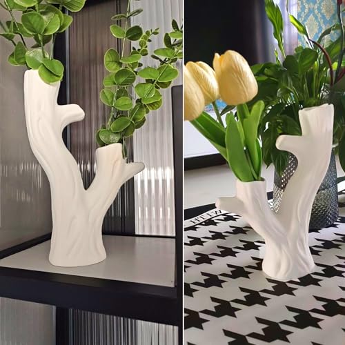White Branch-Shaped Ceramic Vase，Minimalist Artistic Dried Flower Vases Modern Decorative Ornament for Home Decor, Living Bedroom Room, Shelf, Table (Style-A) - color: Ceramic a