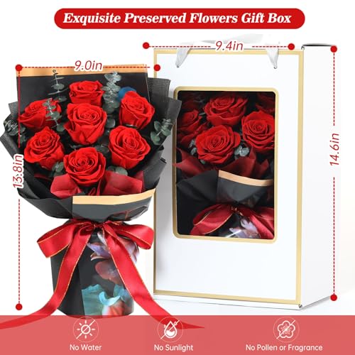 Preserved Flowers Bouquet 7 Roses, Forever Flower for Delivery Birthday Anniversary Wedding, Eternal Real Roses Bouquets with Gifts Box for Women Wife Mother Day, Red - color: Red
