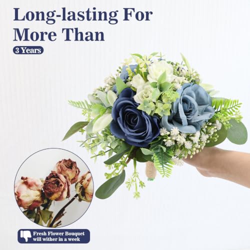 Navy & Blue Bridesmaids Bouquets Set of 6-7 Inch Artificial Flowers Bridesmaid Bouquet for Wedding Pre-Made Rustic Rose Small Floral Bouquets for Bridal Shower Marriage Proposal Party Anniversary - color: Navy & Blue, size: 6pcs