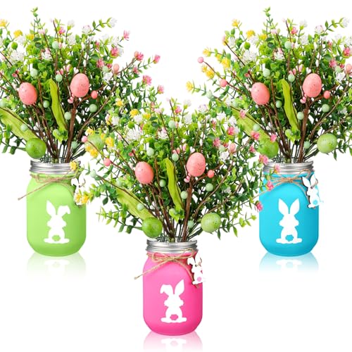 Pickmesh 3 Set Easter Bunny Mason Jars with Pastel Easter Eggs Picks with Artificial Flowers Berries Spring Tabletop Decor Centerpiece for Home Dining Table Holiday Decorations