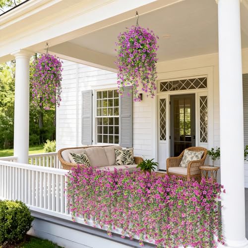 ZFProcess Artificial Hanging Flowers for Outdoors, 2 Pcs Fake Hanging Plant Spring Summer Decor, UV Resistant No Fade Realistic Faux Flower for Front Door Porch Planter Patio Garden Yard(Purple) - color: Purple