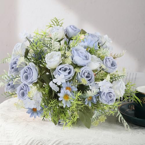 3 Pack Artificial Flowers Bouquet Fake Flowers Plants Blue Faux Flower Arrangements for Wedding Home Centerpieces Decor - color: Blue