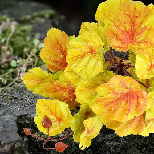 Reptile Plants for Terrarium Decor, Amphibian Habitat Decor Plant, Ball Python Decor Tank Accessories for Gecko Lizard Chameleon Frog Snake Tortoise with Base - Fake Heuchera Micrantha Yellow - color: A-fake Heuchera Micrantha Yellow
