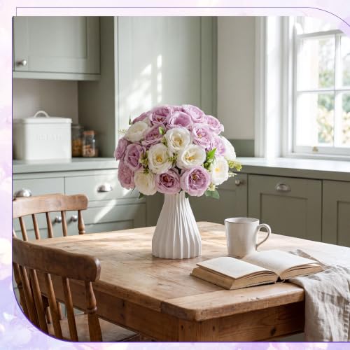 Geosar 8 Bundles Artificial Peonies Flowers Fake Silk Peony Bouquet Faux Peonies Flowers Bulk for Decoration Vase Floral Arrangements Wedding Party Table (White,Purple) - color: White, Purple