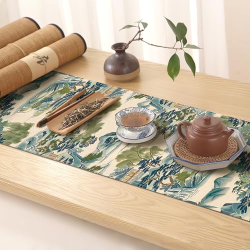 Chinoiserie Vintage Style Mountain Dining Table Runner, Landscape Painting Art Burlap Kitchen Decoration, Retro House Trees Indoor Outdoor Home Decor Party Supply 13x90 Inches - color: Landscape Painting, size: Table Runner 13''X90''