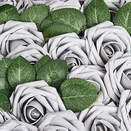 Higfra Artificial Flowers 25pcs Real Looking Fake Roses with Stems for DIY Wedding Bouquets Baby Shower Centerpieces Floral Arrangements Party Tables Home Decorations - color: Grey, size: 25Pcs