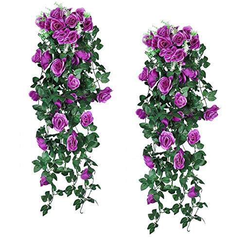 RECUTMS 2PCS Artificial Hanging Rose Flower Plants, 37 Inch Purple Fake Silk Floral Ivy Garlands for Outdoors Home Room Garden Front Porch Wedding Arch Bridal Shower Easter Indoor Party Greenery Decor - color: Purple, size: 4pcs