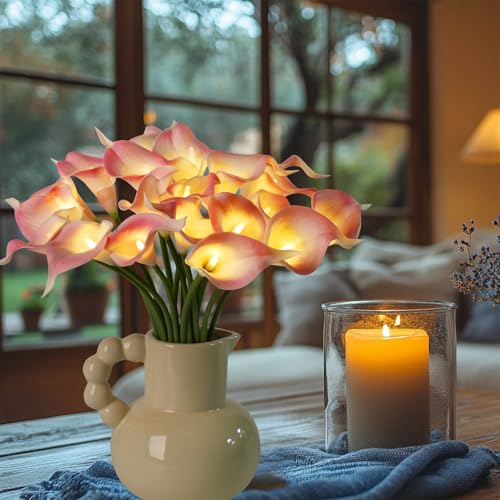 20pcs Lighted Artificial Calla Lily Bouquet Light Faux Floarl Night Light Real Touch Flower Lamp LED Calla Lily lighted Artificial Flower for Holiday Gifts Home Kitchen Decor(Light Pink, No Vase) - color: Light Pink