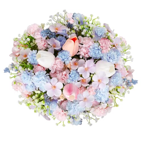 Florielle Artificial Hydrangea Bouquet Fake Silk Flower with Faux Tulips Baby's Breath for Spring Summer Wedding Centerpieces Home Decor Party Table Floral Arrangements (Blue Pink) - color: Blue Pink