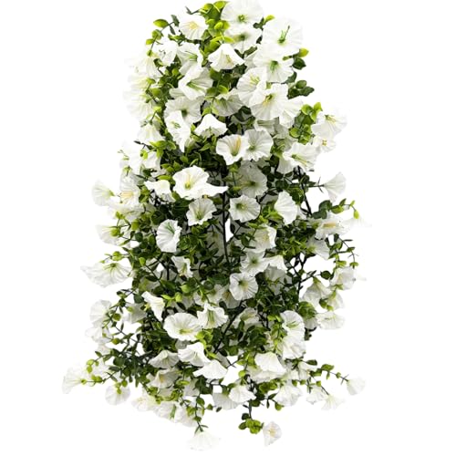 Artificial Flowers Garland 2PCS White Artificial Silk Morning Glory Vine Artificial Flowers Hanging Eucalyptus Garland for Wall Fence Arch UV Protected Indoor Outdoor Decor - color: White