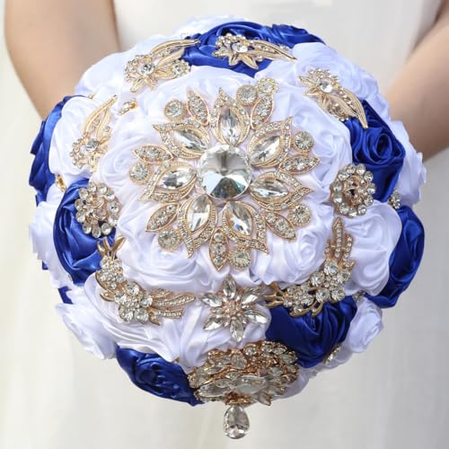 7.5in Handmade Wedding Bouquet with Luxury Gold Rhinestone Brooch Satin Rose Flower Bridal Bouquet for Bride Bridesmaid Quinceanera Wedding Bouquet White and Royal Blue - color: White & Royal Blue, size: Medium (DIA. 7.5"/19cm)