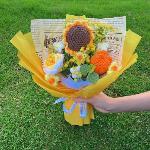 Rimvoe Crochet Flowers Bouquet, Handmade Knitted Sunflower Rose Tulip Puff Flower Bouquet, Gift for Mother Wife on Birthday Valentines Anniversary