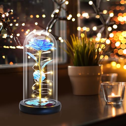Otlonpe Preserved Artificial Glass Rose Flower Lamp, Forever Women Gifts for Birthday Christmas Valentines Mothers Day, 7.7'' Blue Rose Gifts for Mom Grandma Daughter Wife Girlfriend, Home Decor - color: Blue