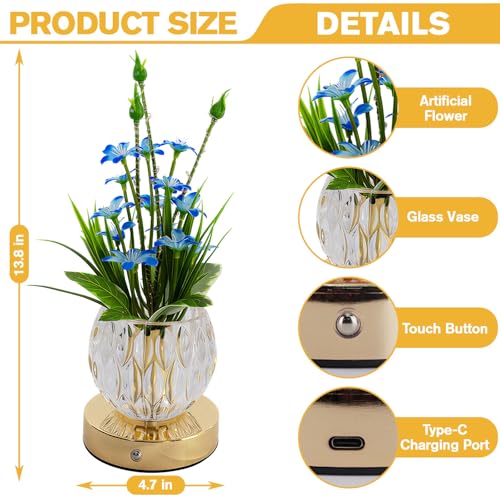 Flower Table Lamp, Mini Lily Table Decor with 3 Colors Dimmable, Artificial Flowers Night Light, Rechargeable Glass Lamp Small Desk Lamp for Party Holiday Home Decoration (Blue - Lily) - color: Blue - Lily