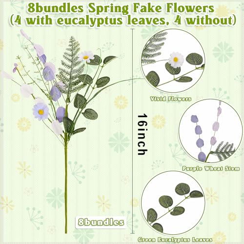 Yen Jean 8 Bundles Spring Artificial Fake Flowers Decor - Faux Silk Wildflower Bouquet Decorations for Home Vase Table Centerpieces