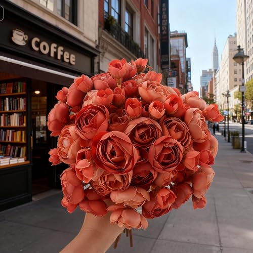 24 Stems Artificial Ranunculus Flowers - 96 Bloom Faux Silk Ranunculus Bouquet for Wedding Decorations, Home Décor, Holiday Arrangements & Large Event Centerpieces (BurntOrange) - color: Burntorange