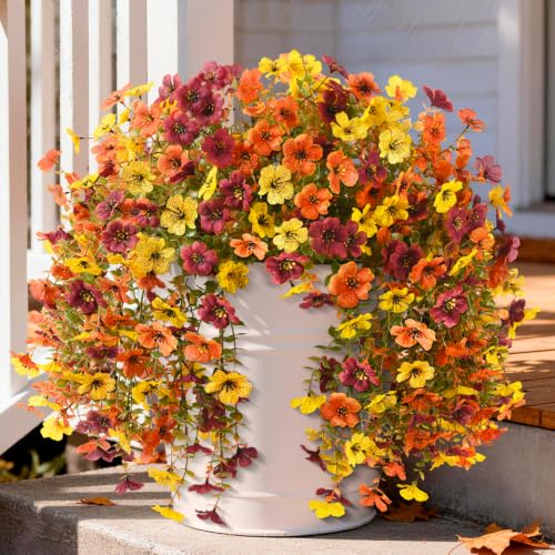 INQCMY Artificial Fake Fall Flowers for Outdoors Faux Mums UV Resistant | 2 Pcs fall silk hanging flowers,fall decorations for home, look real Faux flowers for outside Home planter porch patio decor - color: Orange,brown,yellow