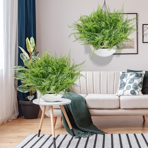 Set of 2 Artificial Hanging Ferns for Outdoors, Pre-Made Hanging Ferns for Outdoors Faux Greenery Plant Large Look Real Resistant UV Resistant for Indoor Balcony Front Porch Yard Garden Decor - color: Fern