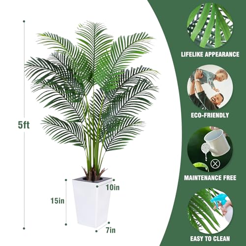 Artificial Palm Tree with White Tall Planter, 5ft Tall Potted Artificial Silk Palm Tree Plant, Fake Tropical Plant, Home Office Floor Room Decor Plants Indoor Outdoor, Housewarming Gift - size: 5ft