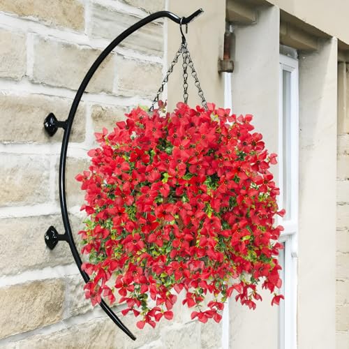 INXUGAO Artificial Hanging Flowers Plants with Basket for Outdoors, Realistic Faux Silk Daisy Flower Eucalyptus for Spring Decor, UV Resistant Fake Plants for Porch Patio Yard Balcony, Red - color: A-red