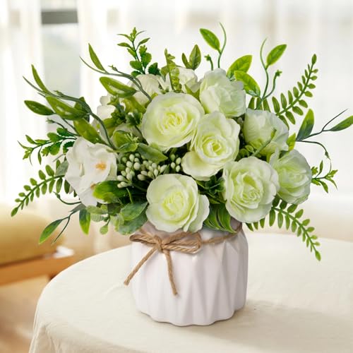 Green Artificial Silk Roses with Ceramic Vase, No Maintenance Faux Flower Arrangement, 6.3 Inch Realistic Table Decor for Home Office Wedding - color: Green