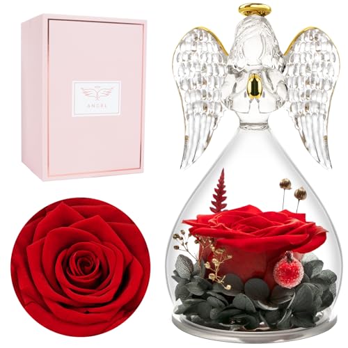 Miofula Gifts for Mom Birthday Gifts for Women, Preserved Flowers Rose in Glass Angel Figurines, Fresh Flowers for Delivery Anniversary Forever Real Roses Gifts for Mothers Grandma Her Wife Girlfriend - color: Red