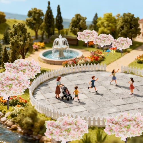 HOMSFOU 8pcs Cherry Blossom Tree Model, Artificial Blossom Cherry Tree Scenery Model Miniature Sand Table Accessories for Train Railway Architecture Diorama Micro Landscape Garden Yard Decor
