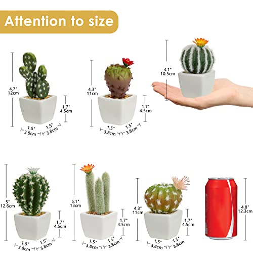 Oairse Mini Artificial Cactus Plants in Ceramic Pots 6 Pcs Potted Faux Succulents in Pots Fake Potted Plants Cactus Decor Small Artificial Plant for Home Decor Indoor Office Desk Tabletop Shelf - color: White