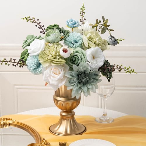 30 Pcs Artificial Flowers Combo Green Flowers Mix Silk Flowers Dahlia Roses with Stems for DIY Wedding Bridal Bouquets, Baby Shower, Floral Arrangement, Table Centerpieces, Home Decorations. - color: White/Greem1