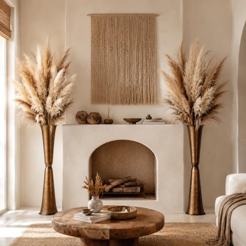 Sziqiqi Gold Tall Floor Vase: 29.5in Bronze Metal Large Vase with Grid Texture - Decorative Floor Vases for Fireplace Living Room Modern Big Standing Holder for Dining Bedroom Home Decor Corner - color: Gold