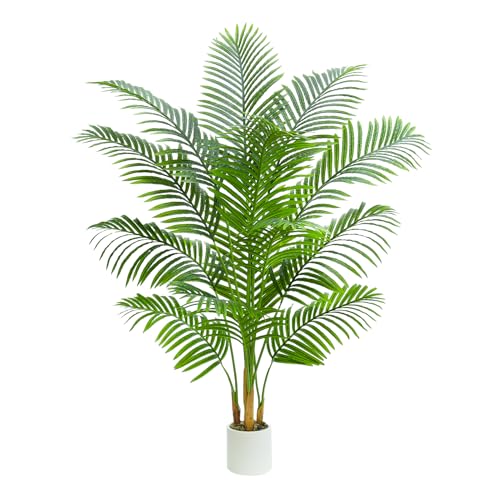 Artificial Palm Tree Plant 6FT Tall Fake Tropical Palm Tree in Pot, Real Bark Design Faux Areca Palm Tree for Home Office Living Room Bedroom Farmhouse Modern Indoor Outdoor Topiary Tree (18 Trunks) - size: 6ft
