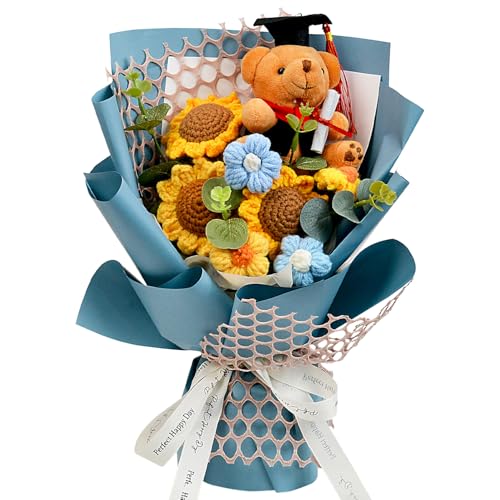 Graduation Gifts Crochet Flowers Bouquet, Handmade Sunflower Rose Bear Graduations Flower Bouquet for Birthday, Teacher Appreciation Gifts, Christmas, Home Décor (Include Card) Blue - color: Blue