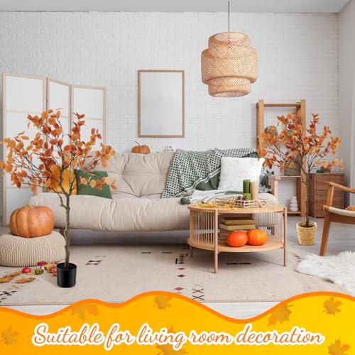 Giegxin 2 Pack 4ft Fall Artificial Eucalyptus Trees with Weaving Plant Baskets Faux Autumn Stem with Eucalyptus Leaves Artificial Fall Tree Decor for Porch Front Home Office - color: Orange, style: Eucalyptus Leaves