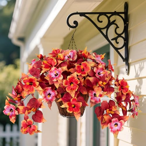 Fall Fake Flowers Artificial for Outdoors Decoration, 2PCS Faux Hibiscus Flowers for Outside Planters, Realistic Silk Autumn Plants with UV Resistant No Fade for Home Porch Garden Balcony Yard Decor - color: Dhh-orange Pink