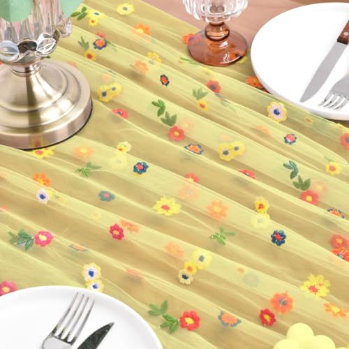 Joanlody Yellow Embroidery Daisy Spring Summer Table Runner Florals Seasonal Tulle Table Runner for Home Garden Tea Party Holiday Birthday Decoration - color: Yellow, size: 10ft x 1pack