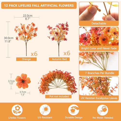 Artificial Fall Flowers for Outdoor, 12 Bundles 4 Colors Faux Mums Fake Fall Plants for Decoration, UV Resistant No Fade Silk Plastic Flower for Autumn Porch Patio Planters Windowbox Yard Garden - color: Orange Autumn Red