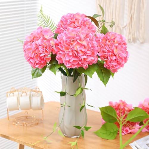 Nubry 4Pcs Pink Hydrangea Artificial Flowers, 22.5In Latex Faux Real Touch Large Hydrangea Flowers with Long Stems & Leaves for Home Office Decor Wedding Party Arrangements(Pink) - color: Pink, size: 4 Pcs