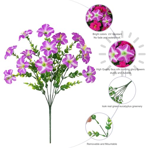 Artificial Flowers for Outdoors Decoration, 20 Bundles Faux Morning Glory with Eucalyptus Look Real UV Resistant Fake Plants Silk Flowers for Outside Yard Gardens Porch Patio Planter Home Urn, Mix - color: 2 Color(10 Fuchsia, 10 Gradient Fuchsia)