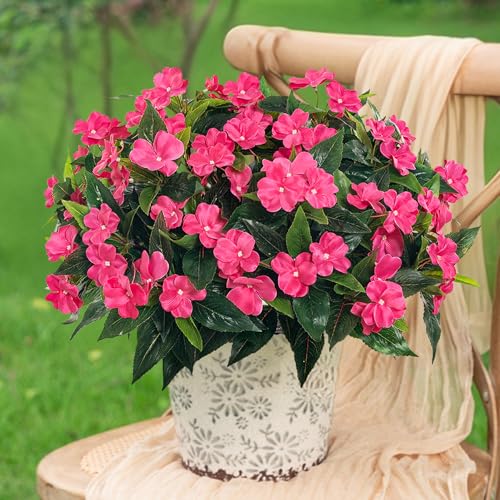 Fake Flowers Artificial Flowers for Outdoor，Artificial Impatiens Bouquet Flowers for Outdoors，Spring Flowers Artificial Impatiens Outdoor Silk Fake Flowers Indoor Decor 4PCS (Rose Red) - color: Rose Red-4