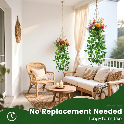 DomeStar 2PCS Fake Vines, Fake Pothos Hanging Plants Ivy Vines, Artificial Greenery for Home Kitchen Wall Decor Aesthetic Home Decor (No Baskets)