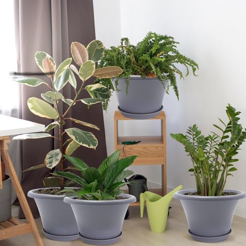 Quarut 12 Inch Large Planter Pot for Plants Indoor Outdoor, 4 Pack Plastic Flower Pots with Drainage Hole & Tray, Modern Decorative Garden Pot with Saucer, Plant Container for House Grey - color: Diamond Pattern-grey, size: 12 inch-4 Pack